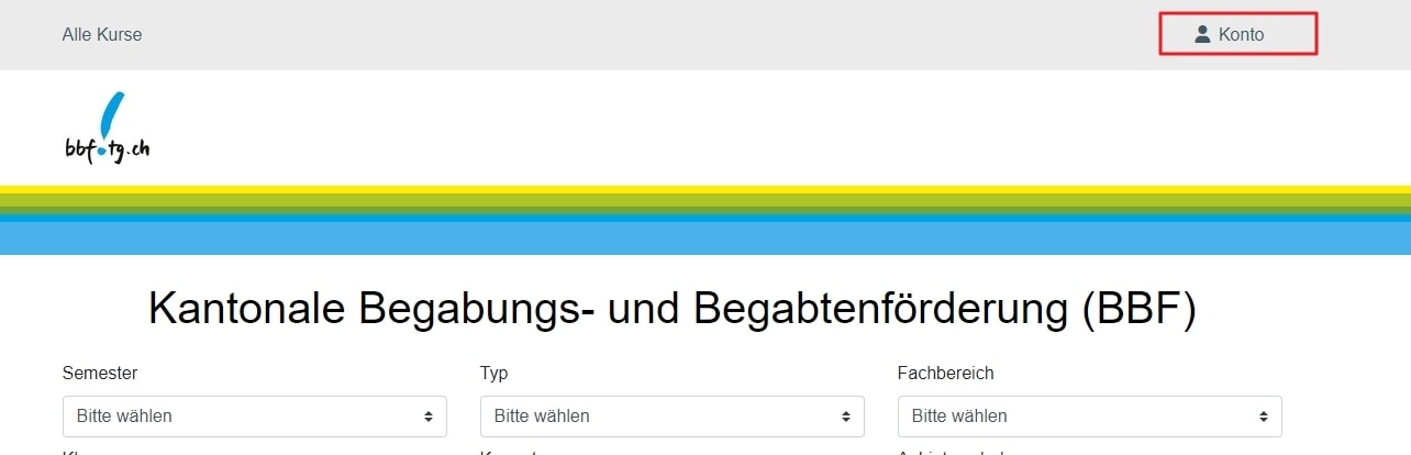 Hier wird gezeigt, wo man oben rechts auf "Mein Konto" klicken muss, wenn man die Login-Seite nicht mehr findet auf der neuen Kursverwaltung. 